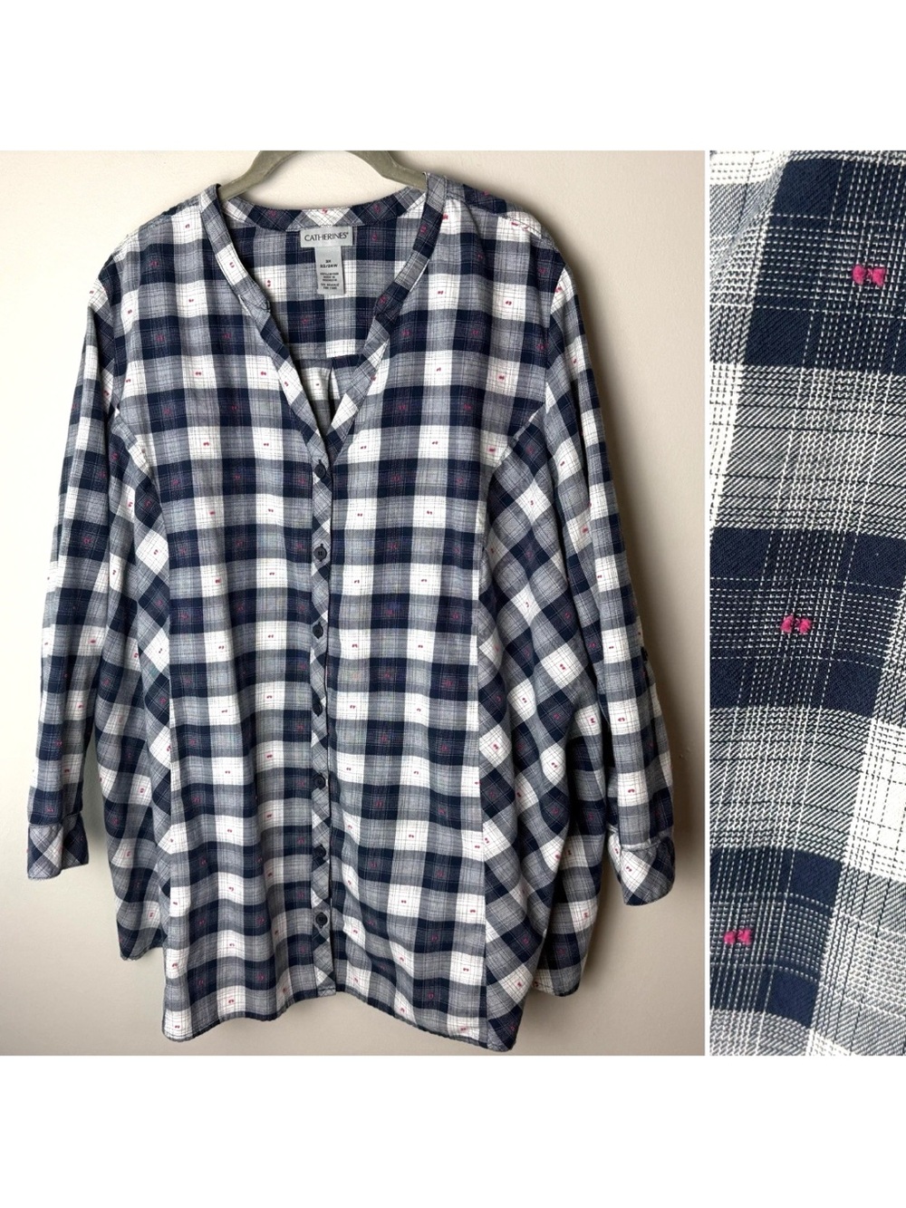 Catherines Shirt Plus Size 2X Top 3/4 Roll-Tab Sleeves Cotton Blue White Pink